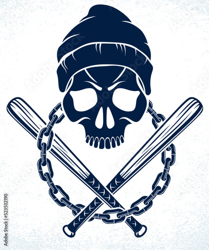 Criminal tattoo, gang emblem or logo with aggressive skull baseball bats design elements, vector, bandit ghetto vintage style, gangster anarchy or mafia theme.
