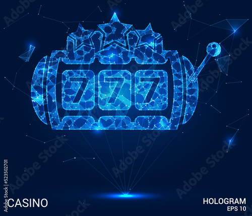 A casino hologram. A casino slot machine made of polygons, triangles of dots and lines. The slot machine from the casino has a low-poly connection structure. Technology concept.