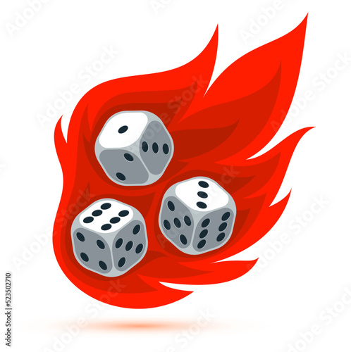 Dice with flames falling vector 3d illustration, gambling games design, board games, realistic cubes fortune luck.