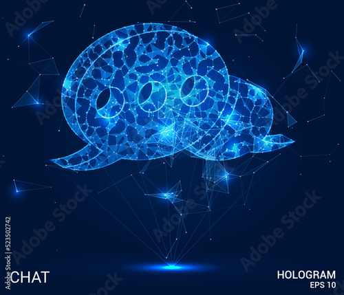 A hologram is a message icon. The message icon consists of polygons, triangles of points and lines. The message icon is a low-poly connection structure. Technology concept.