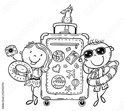 Line drawing of happy kids traveling with suitcase in summer. Vacations and seaside clipart