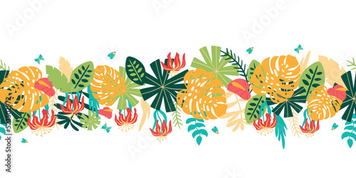 Tropical horizontal banner. Wild party seamless border. Tropic leave summer panorama poster. Exotic leaves banner. Jungle floral seamless border. Botanical graphic design. Bright vector illustration.