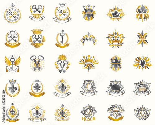 Vintage heraldic emblems vector big set, antique heraldry symbolic badges and awards collection, classic style design elements, family emblems.