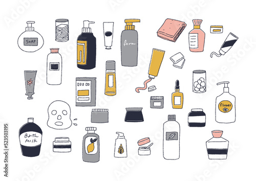 洗面用品の手書きイラストセット　ボトルやクリーム、美容用品