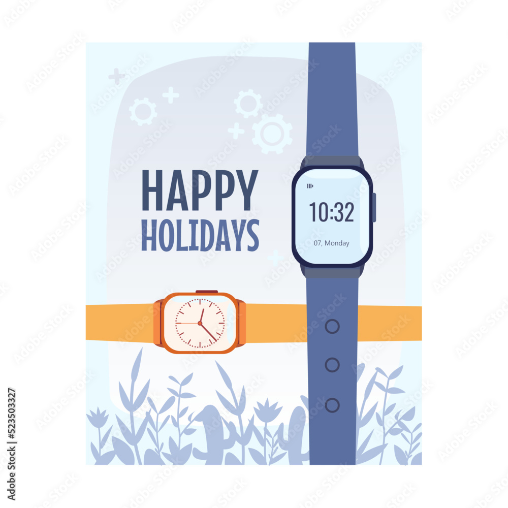 Naklejka premium Flyer design with watches vector illustration. Cityscape or landscape on background and text. Time management concept. Template for promotion poster, advertising label or sticker