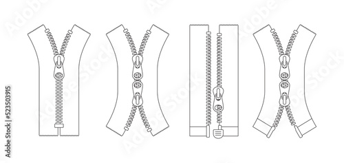 Vector set of different types of zippers by design. Isolated on white background