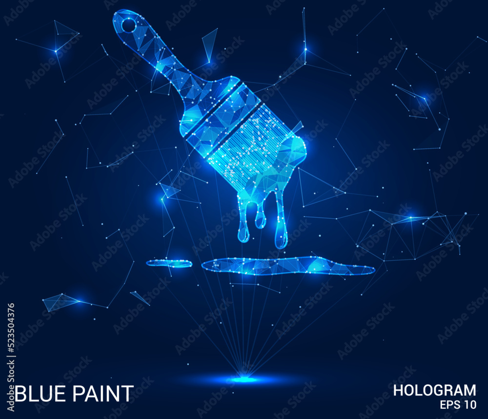 The hologram is blue paint. A brush in the paint of polygons, triangles of dots and lines. Paint drips from the brush low-poly structure of the compound. Technology concept.