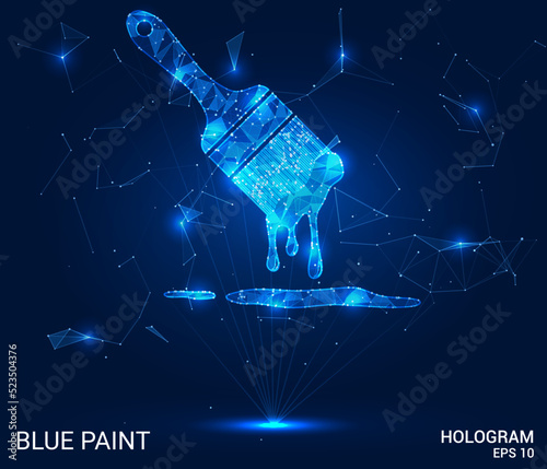 The hologram is blue paint. A brush in the paint of polygons, triangles of dots and lines. Paint drips from the brush low-poly structure of the compound. Technology concept.