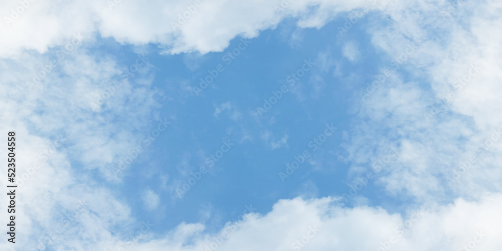Obraz premium Sunshine clouds, morning sky of winter seasons, Panorama sky and cloud of winter morning, fantastic fuzzy and puffy blue sky background for wallpaper, card, cover and design.