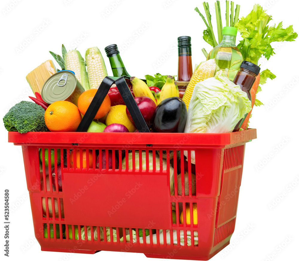 Supermarket grocery shopping basket full of food, no background PNG