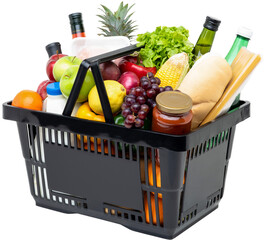 Supermarket shopping basket full of food and groceries, no background PNG file