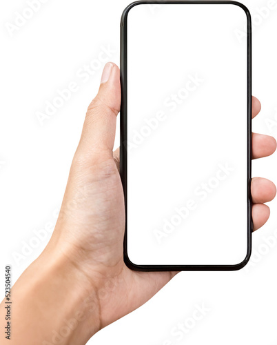 Hand holding mobile phone with empty screen mock up, PNG file no background