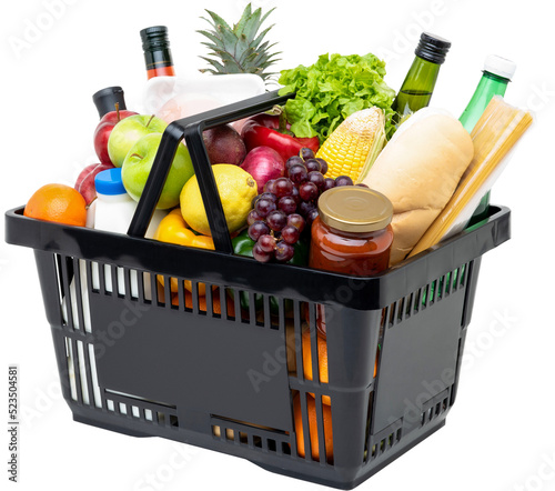 Supermarket shopping basket full of food and groceries, no background PNG file
