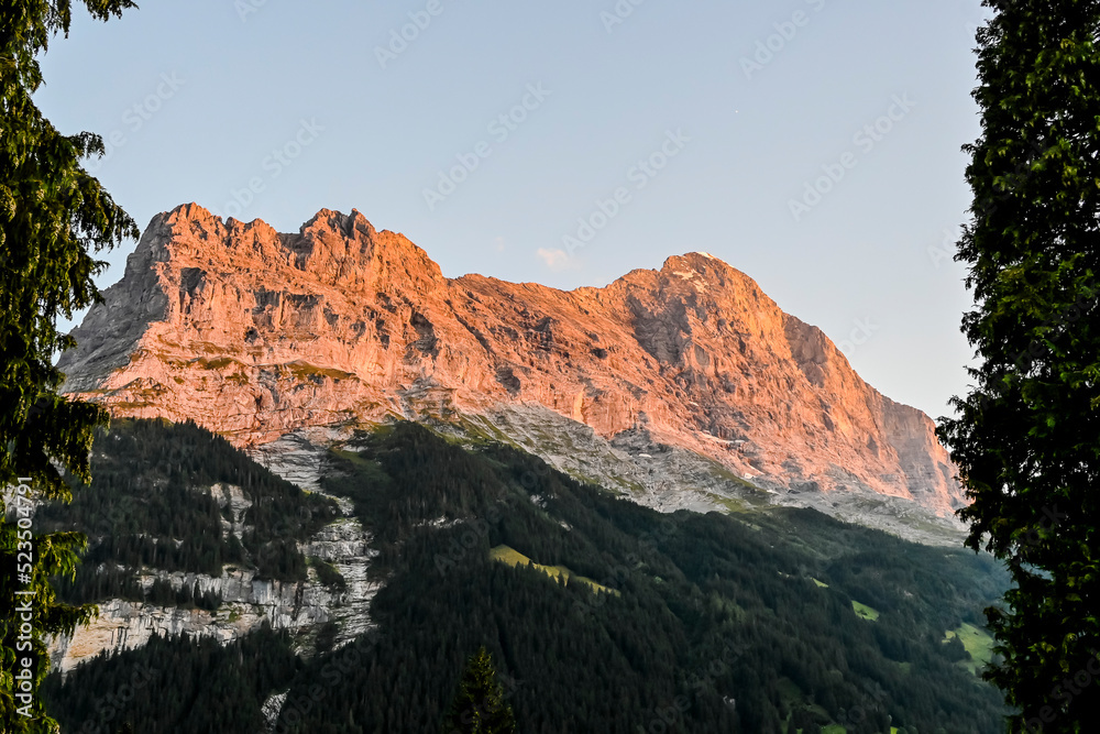 Grindelwald, Eiger, Eigernordwand, Alpen, Berner Oberland, Unterer Grindelwaldgletscher, Kleine Scheidegg, Männlichen, Lauberhorn, Sonnenuntergang, Abendstimmung, Sommer, Schweiz