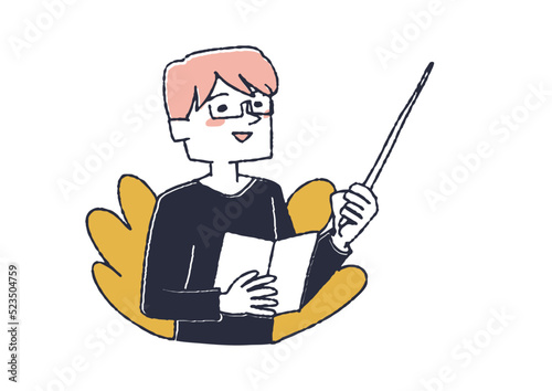 優しい笑顔で黒板を指す男性教師　愛情を持って教育に携わる教員、スタッフのイラスト