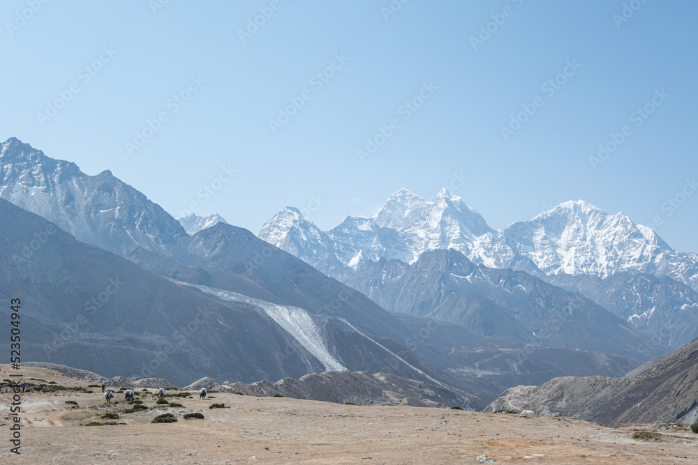 view from Kala Patthar of himalayas mountains with beautiful clouds on sky and Khumbu Glacier, way to Mt Everest base camp, Khumbu valley, Sagarmatha national park, Nepal.
