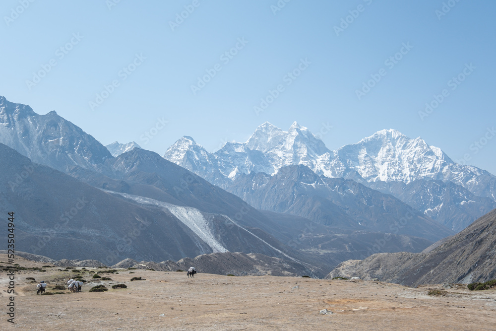 view from Kala Patthar of himalayas mountains with beautiful clouds on sky and Khumbu Glacier, way to Mt Everest base camp, Khumbu valley, Sagarmatha national park, Nepal.