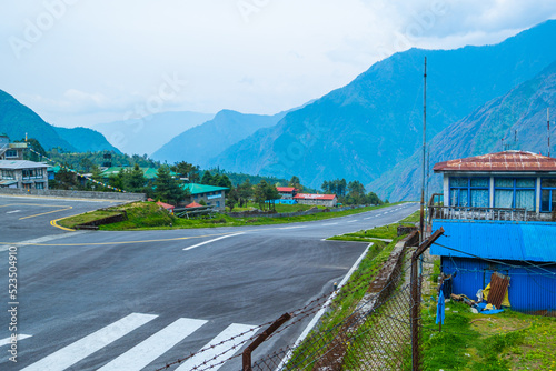 view of Lukla village and Lukla airport, Khumbu valley, Solukhumbu, Everest area, Nepal Himalayas, Lukla is gateway for Everest trek and Khumbu valley.