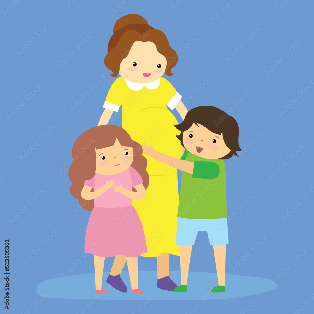 Pregnant mother, daughter and son stand together Pregnant mother, daughter and son stand together