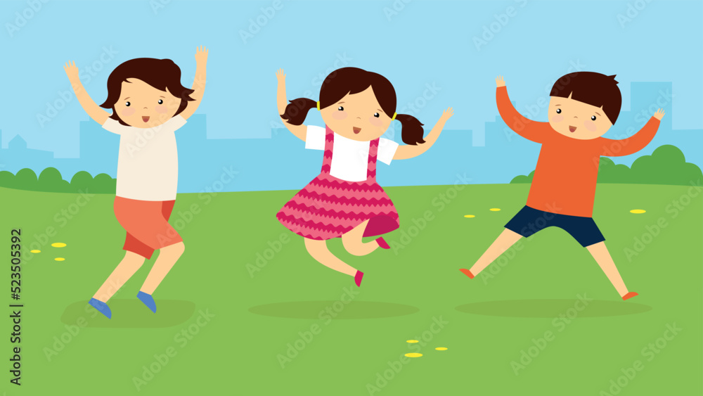 Three children are jumping in the meadow