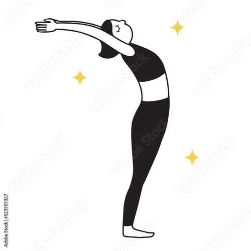 Hand drawn in line woman making a back stretch, yoga asana vector illustration isolated on white