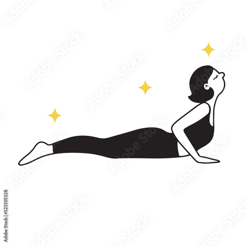 Hand drawn in black outline style girl performing snake pose from yoga, stretching. Isolated on white vector illustration