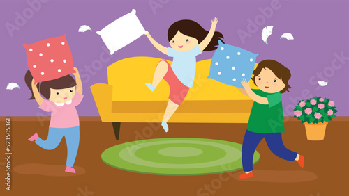 Two girls and a boy playing pillow fight