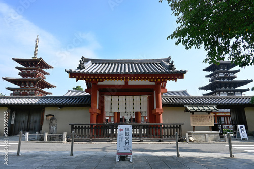 奈良市の世界文化遺産薬師寺の南門と東西塔
