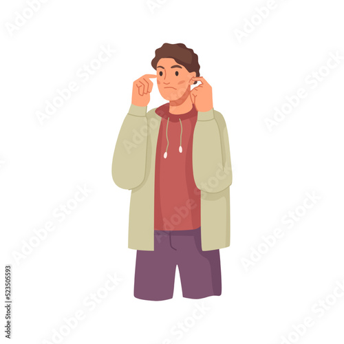 Cartoon caucasian man plugs ears with fingers, fear of loud sounds and unpleasant noise. Irritated person covering ears with fingers. Angry facial expression, illustration in vector cartoon style