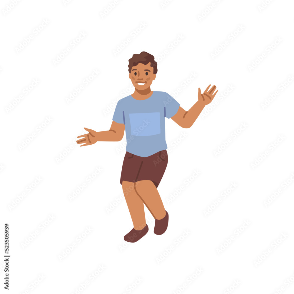 Young boy in summer cloth isolated flat cartoon character. Vector illustration of smiling guy in shirt and shorts, small caucasian man, son in casual clothing plays Young boy in summer cloth isolated flat cartoon character. Vector illustration of smiling guy in shirt and shorts, small caucasian man, son in casual clothing plays