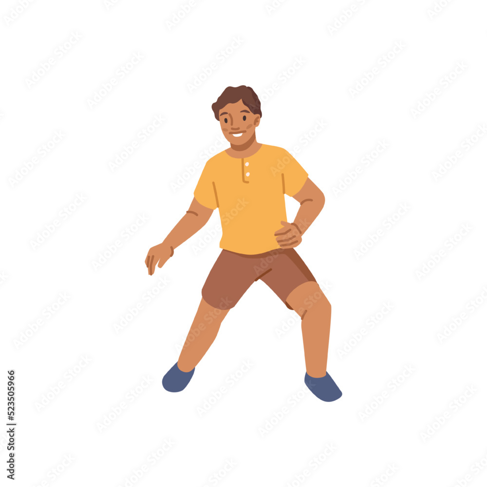 Smiling boy in summer shirt and shorts playing isolated flat cartoon character. Vector illustration of young man in casual clothing, portrait of little boy on vacation Smiling boy in summer shirt and shorts playing isolated flat cartoon character. Vector illustration of young man in casual clothing, portrait of little boy on vacation