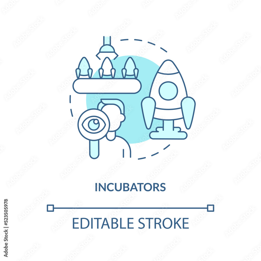 Incubators turquoise concept icon. Startup support type abstract idea thin line illustration. Mass production. Isolated outline drawing. Editable stroke. Arial, Myriad Pro-Bold fonts used