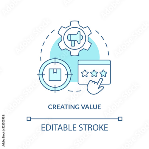 Creating value turquoise concept icon. Startup consulting field abstract idea thin line illustration. Improving experience. Isolated outline drawing. Editable stroke. Arial, Myriad Pro-Bold fonts used