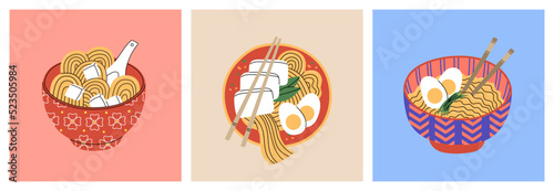 Set of three bowls and chopsticks with different ramen vegetarian recipes. Hot noodle with tofu, eggs, greens. Traditional asian popular food. Hand drawn color vector illustration. Flat cartoon style.