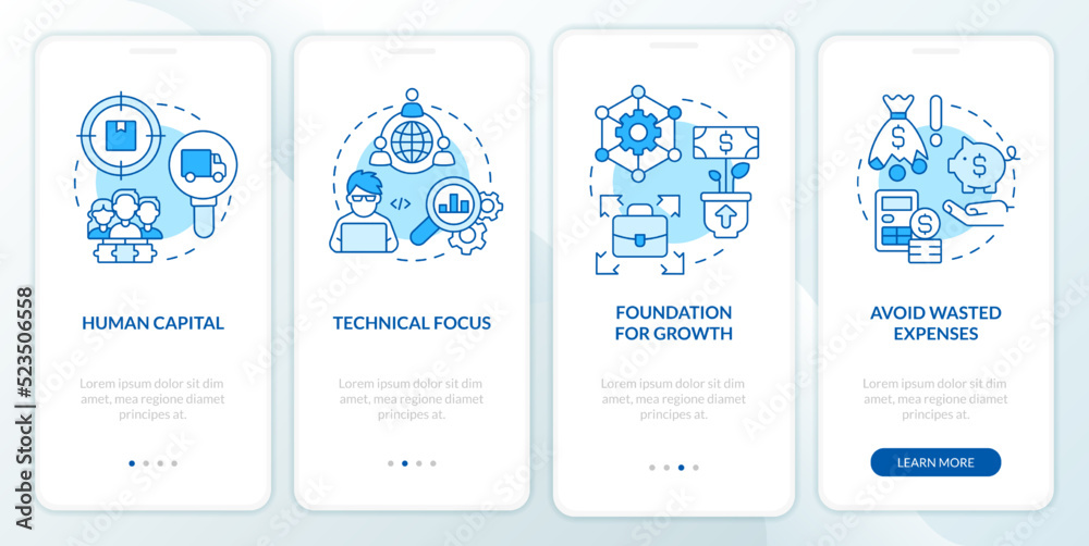 IT consulting for startups blue onboarding mobile app screen. Walkthrough 4 steps editable graphic instructions with linear concepts. UI, UX, GUI template. Myriad Pro-Bold, Regular fonts used