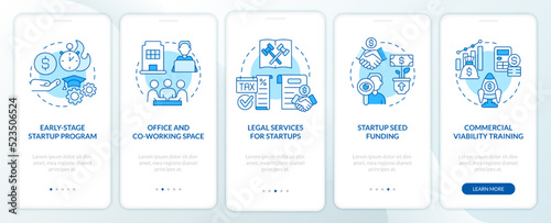Ways to support startup business blue onboarding mobile app screen. Walkthrough 5 steps editable graphic instructions with linear concepts. UI, UX, GUI template. Myriad Pro-Bold, Regular fonts used