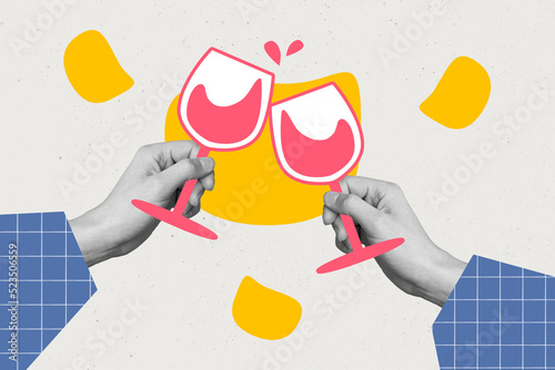 Fototapeta Naklejka Na Ścianę i Meble -  Collage photo of surrealistic hands hold glasses cheers nice mood vacation party drink wine isolated on drawing background