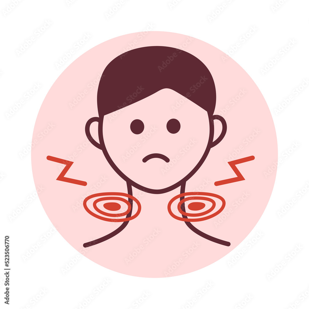 Man with swollen lymph nodes. Tonsils swelling and redness. Inflammation in throat. Tonsillitis, pharyngitis. Viral infection. Sore throat. Difficulty swallowing. Graphic icon. Man with swollen lymph nodes. Tonsils swelling and redness. Inflammation in throat. Tonsillitis, pharyngitis. Viral infection. Sore throat. Difficulty swallowing. Graphic icon.
