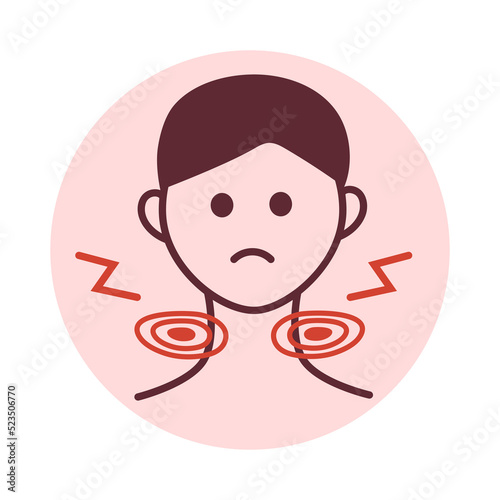 Man with swollen lymph nodes. Tonsils swelling and redness. Inflammation in throat. Tonsillitis, pharyngitis. Viral infection. Sore throat. Difficulty swallowing. Graphic icon.