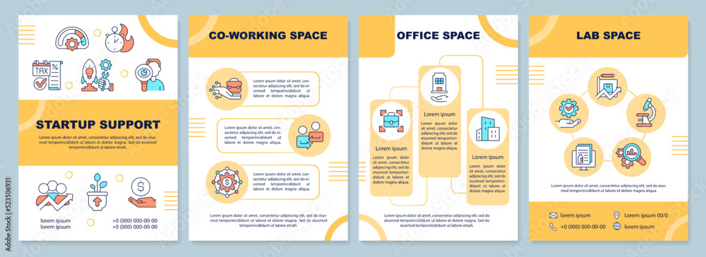 Startup support orange brochure template. Office and lab space. Leaflet design with linear icons. Editable 4 vector layouts for presentation, annual reports. Arial-Black, Myriad Pro-Regular fonts used