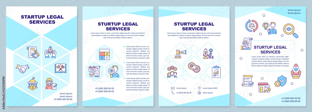 Startup legal services cyan brochure template. Hiring lawyer. Leaflet design with linear icons. Editable 4 vector layouts for presentation, annual reports. Arial-Black, Myriad Pro-Regular fonts used