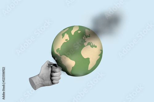 Fototapeta Naklejka Na Ścianę i Meble -  Composite collage illustration of human hand black white colors hold lighter burning planet earth globe isolated on drawing background