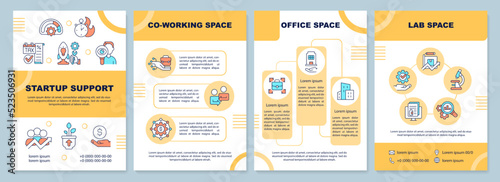 Startup support orange brochure template. Office and lab space. Leaflet design with linear icons. Editable 4 vector layouts for presentation, annual reports. Arial-Black, Myriad Pro-Regular fonts used