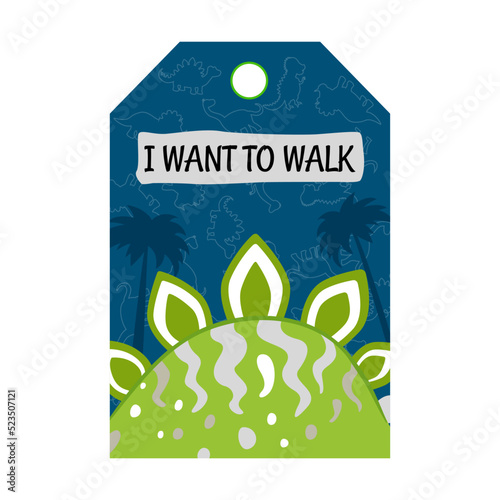 Special tag design with dino. Dinosaurs on blue background. Creatures and fossil reptiles concept. Template for greeting labels or invitation card