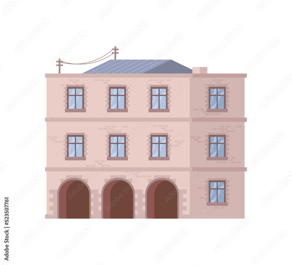 Residential house for living or working in office, building. City or town construction with several levels, multi story landmark and urban architecture in metropolis. Vector illustration