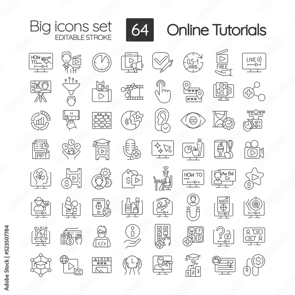 Online tutorials linear icons set. Educational content. Elearning. Customizable thin line symbols. Isolated vector outline illustrations. Editable stroke. Quicksand-Light font used