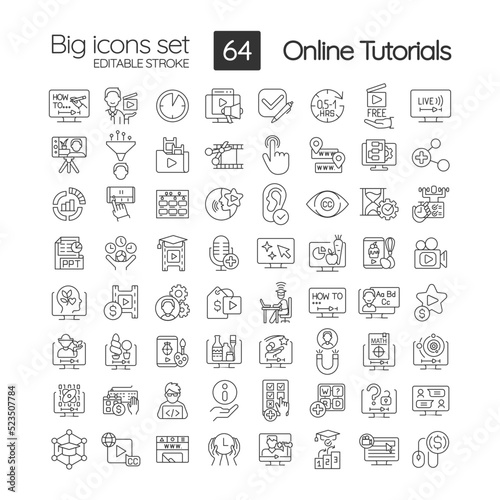 Online tutorials linear icons set. Educational content. Elearning. Customizable thin line symbols. Isolated vector outline illustrations. Editable stroke. Quicksand-Light font used