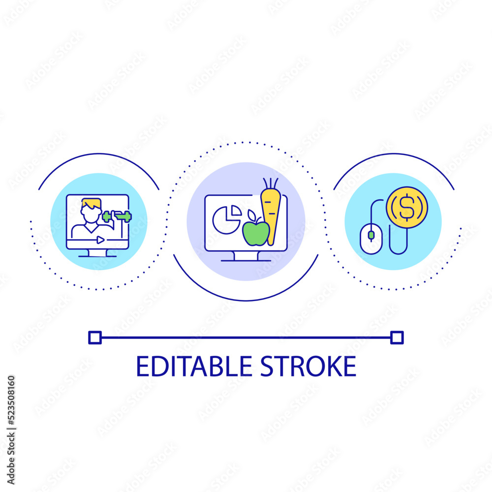 Healthy lifestyle paid tutorials loop concept icon. Online education. Educational videos abstract idea thin line illustration. Isolated outline drawing. Editable stroke. Arial font used Healthy lifestyle paid tutorials loop concept icon. Online education. Educational videos abstract idea thin line illustration. Isolated outline drawing. Editable stroke. Arial font used