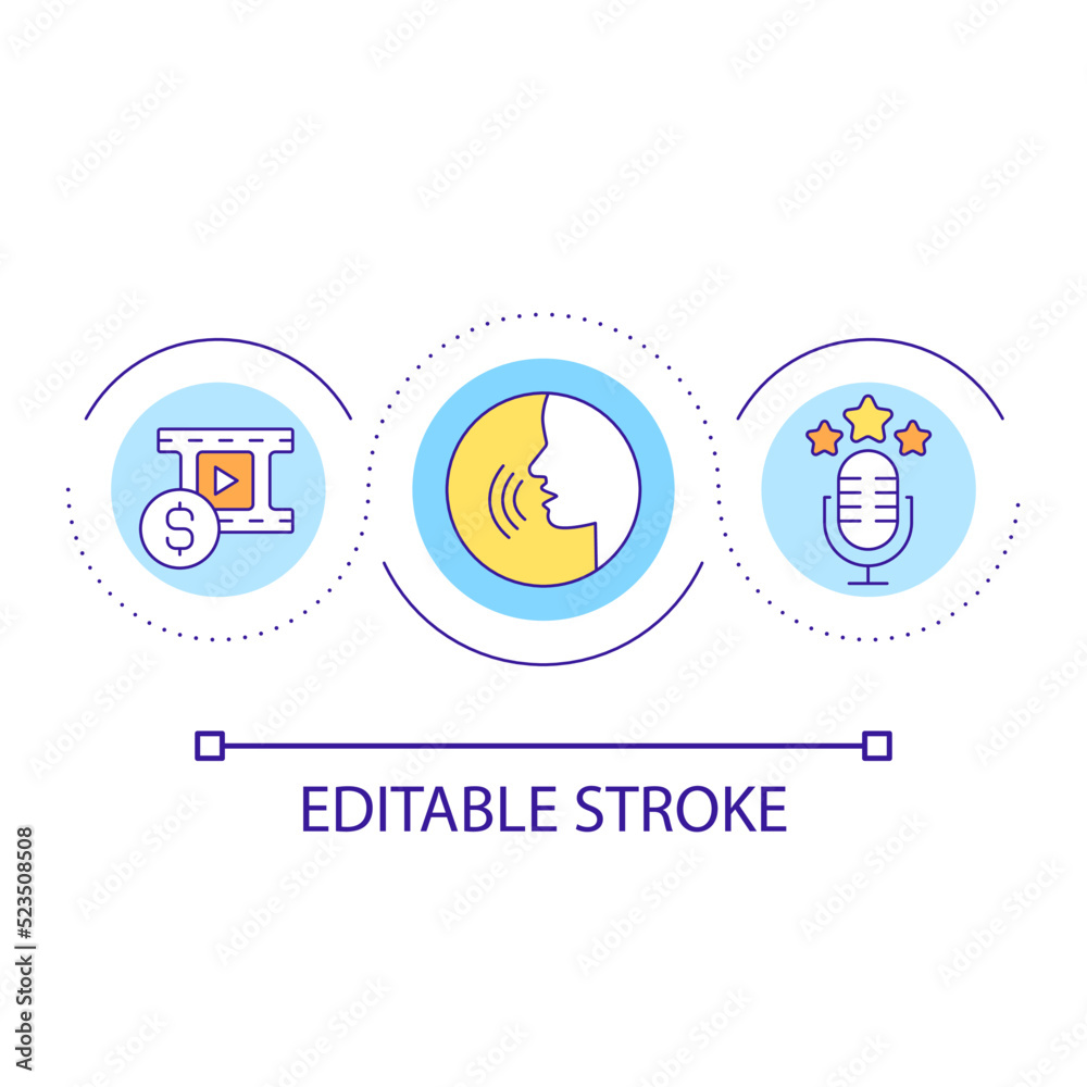 Voice over loop concept icon. High quality audio. Dubbing and narrative. Video editing process abstract idea thin line illustration. Isolated outline drawing. Editable stroke. Arial font used Voice over loop concept icon. High quality audio. Dubbing and narrative. Video editing process abstract idea thin line illustration. Isolated outline drawing. Editable stroke. Arial font used