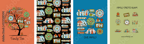 Family concept art collection. Frame, background, tree, icons. Set for your design project - cards, banners, poster, web, print, social media, promotional materials. Vector illustration